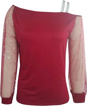Women's Cold Shoulder Pullover Tops Mesh Sequins Printed Strappy Long Sleeve T Shirts Loose Sexy Casual Tunic Blouses at Amazon Women’s Clothing store
