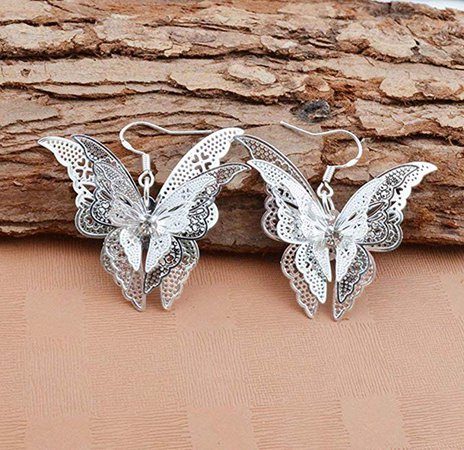 Amazon.com: Dolland Women's Silver Plated Filigree Butterfly Drop Dangle Hook Earrings: Clothing