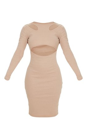 Stone Rib Multi Cut Out Long Sleeve Midi Dress | PrettyLittleThing USA