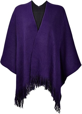 ZLYC Women's Reversible Winter Knitted Faux Cashmere Fringe Poncho Capes Shawl Cardigans Sweater Coat (Purple) at Amazon Women’s Clothing store
