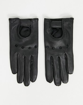 ASOS DESIGN leather plain cutout gloves with touch screen in black | ASOS