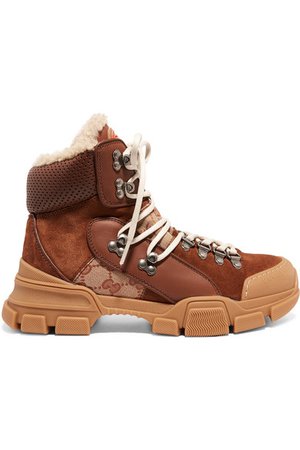Gucci | Flashtrek faux shearling-trimmed suede, leather and printed coated-canvas boots | NET-A-PORTER.COM