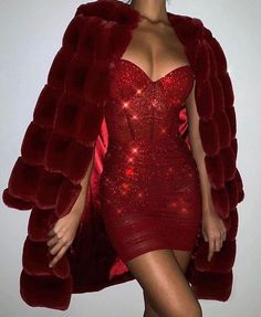 red sparkle dress and fur coat