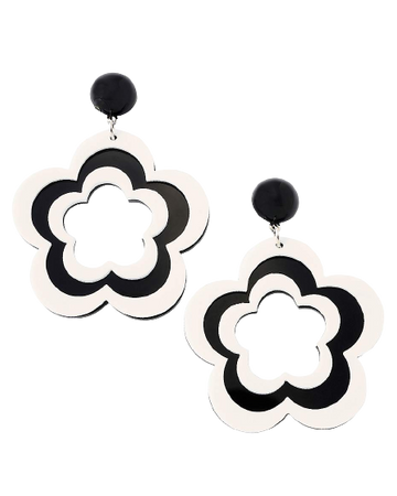 Black and Silvertone Flower Cutout Dangle Earrings