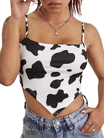 MakeMeChic Women's Cow Print Hanky Hem Cami Sleeveless Bandana Crop Top at Amazon Women’s Clothing store