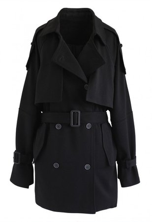 Double-Breasted Belted Pockets Coat in Black - TOPS - Retro, Indie and Unique Fashion