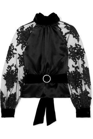 HARMUR | Open-back belted lace-trimmed tulle, silk-satin and velvet blouse | NET-A-PORTER.COM