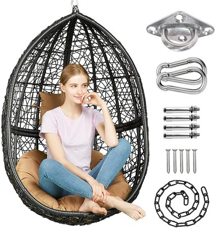 GREENSTELL Hammock Chair with Hanging Kits, Cushion & Pillow, Egg Large Rattan Wicker Swing Hanging Chair, Multifunctional Swing Chairs for Indoor, Outdoor, Patio, Garden (Black Chair+Brown Cushion): Garden & Outdoor