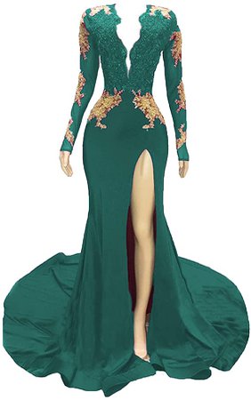 Amazon.com: Graceprom Women's 2019 Backless Mermaid Prom Dresses Gold Lace Appliques Side Slit Long Sleeves Evening Gown Red B 20: Clothing