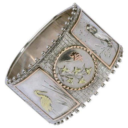 Aesthetic Period Silver and Gold Panel Cuff Bracelet Late Victorian For Sale at 1stdibs