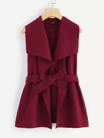 Drape Collar Belted Sleeveless Coat | SHEIN vest shawl waterfal drape collar burgundy