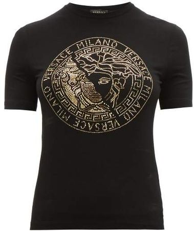 Logo Crystal Embellished Jersey T Shirt - Womens - Black