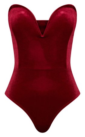 Burgundy Velvet Deep Plunge Bodysuit | Tops | PrettyLittleThing
