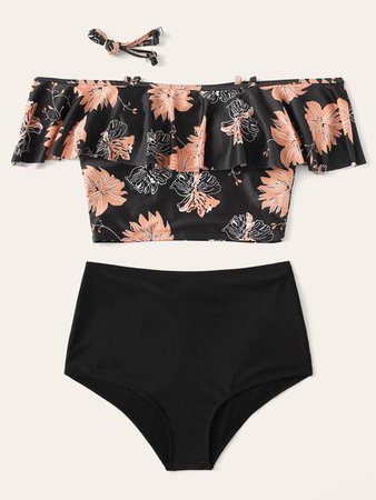 Tropical Flounce Top With High Waist Bikini Set | ROMWE