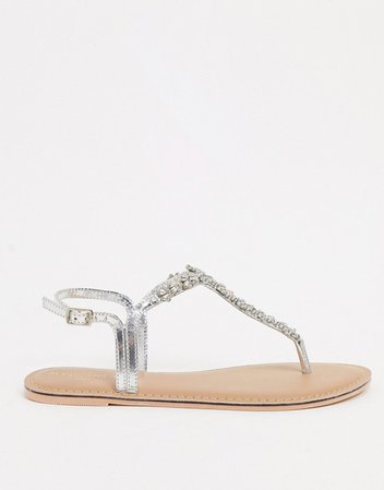 Accessorize Reno embellished rhinestone t-bar flat sandals in silver | ASOS