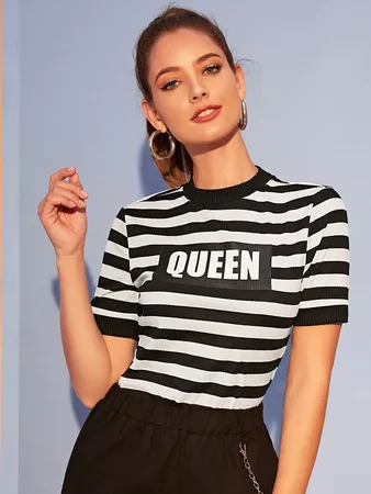 Mock Neck Rib-knit Letter Graphic Striped Tee | SHEIN USA