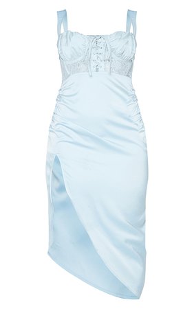 Pale Blue Lace Bodice Sleeveless Ruched Midi Dress | PrettyLittleThing USA