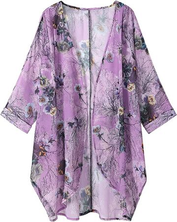 olrain Women's Floral Print Sheer Chiffon Loose Kimono Cardigan Capes (Small, Pink Floral) at Amazon Women’s Clothing store
