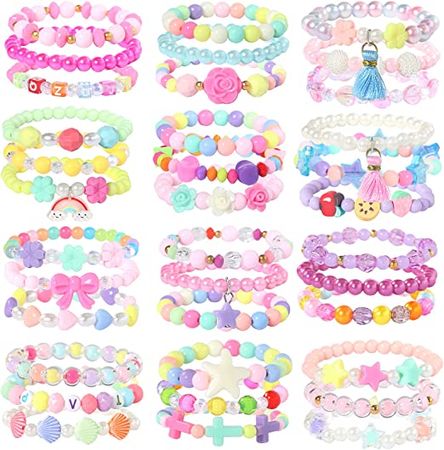 Amazon.com: PinkSeep Beaded Bracelets for Kids- 12 Pack 36 PC, Little Girl Plastic Bracelets, Flower Butterfly Pink Bracelet, Party Favor : Toys & Games