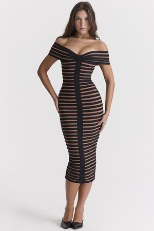 Clothing : Midi Dresses : 'Petra' Striped Bandage Midi Dress
