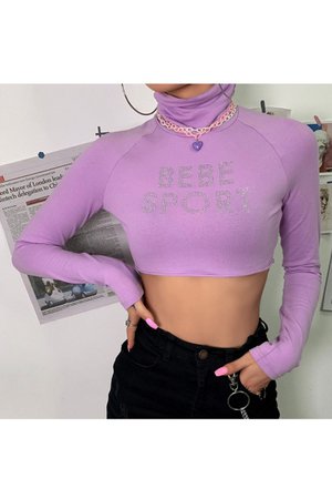 Purple Long Sleeve High Neck BEBE SPORT Letter Hot Drill Embellished Cropped Tee - Beautifulhalo.com