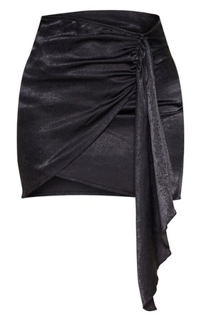 Black Satin Wrap Tie Detail Mini Skirt | PrettyLittleThing