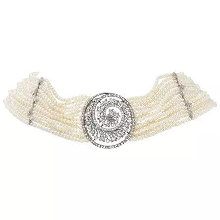 Edwardian Seed Pearl, Diamond, and Platinum Choker Necklace For Sale at 1stDibs | edwardian choker necklace, pearl and diamond choker necklace, edwardian choker