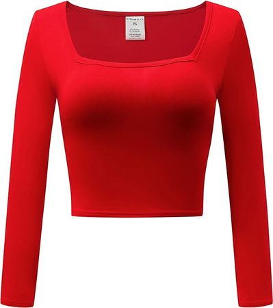 OThread & Co. Women's Long Sleeve Square Neck Crop Top Basic Comfy Stretch Tee (Large, Red) at Amazon Women’s Clothing store