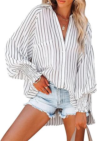 Women Long Lantern Sleeve Casual Loose Blouse Striped/Solid Lapel Button Down Top Shirts at Amazon Women’s Clothing store