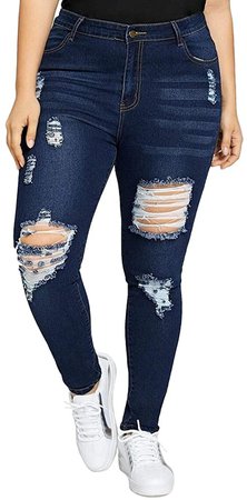 ALLABREVE Women's Plus Size Stretch Distressed Skinny Jeans High Rise Ripped Slim Fit Washed Denim Jegging Girlfriend Distressed Tight Jean Pants (Distressed Skinny Dark Blue, 5XL) at Amazon Women's Jeans store