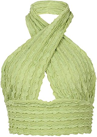 ZhaZhaMeng Women Criss Cross Halter Crop Top Sexy Sleeveless Tie Up Striped Y2K Cami Vest Backless Cut Out Fringe Trim Shirt: Amazon.co.uk: Clothing