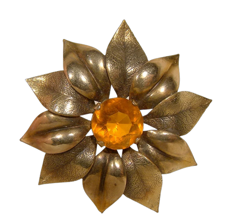Adorna Flower Brooch with Orange Glass Stone Gold Filled 1940s