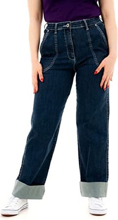 Ro Rox Denim Women’s Pants - 1950s Vintage Style Thelma Jeans - High Waist Baggy Jeans with Turned Hem - Large Pockets - Vintage Trousers for Women - Ladies Denim Pants, Navy Blue, XL at Amazon Women's Jeans store