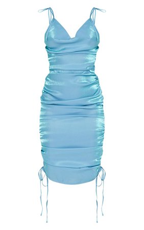 Blue Metallic Shimmer Cowl Neck Tie Strap Dress | PrettyLittleThing
