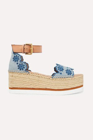 Embroidered Laser-cut Suede And Leather Espadrille Wedge Sandals - Light blue