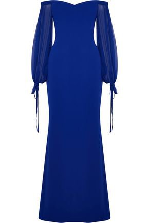 Badgley Mischka- Off-the-shoulder chiffon-paneled crepe gown