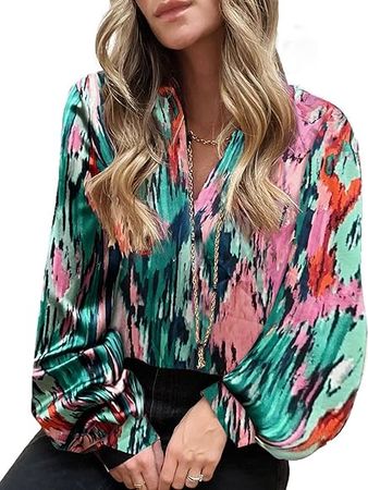 BTFBM Women's Casual Boho Blouse Tops Abstract Print V Neck Loose Lantern Long Sleeve 2023 Summer Fall Blouses Shirts(Print Pink, Small) at Amazon Women’s Clothing store