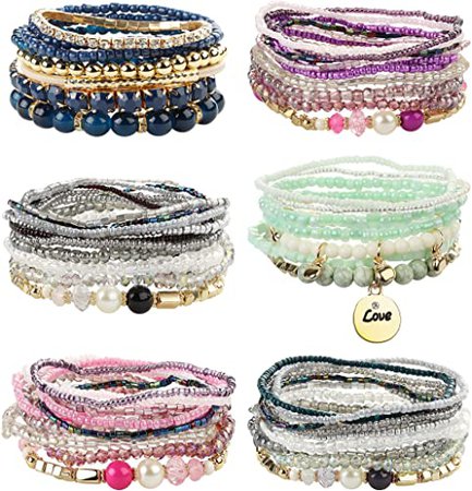 Amazon.com: FIBO STEEL 6 Sets Bohemian Stackable Bead Bracelets for Women Stretch Multilayered Bracelet Set Multicolor Jewelry: Clothing, Shoes & Jewelry