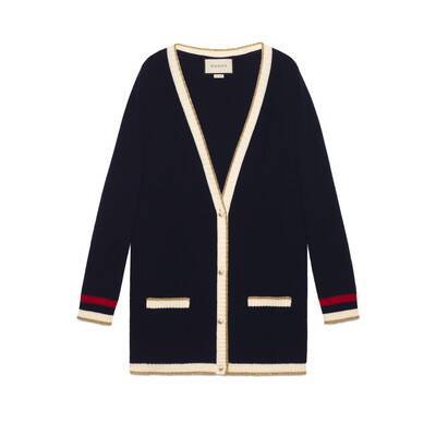Dark Blue Cotton Embroidered Oversize Knitted Cardigan | GUCCI® International
