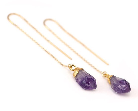 purple amethyst raw crystal threaded dangle earrings