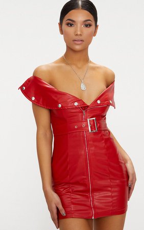 Red Faux Leather Bardot Waist Belt Bodycon Dress | PrettyLittleThing USA