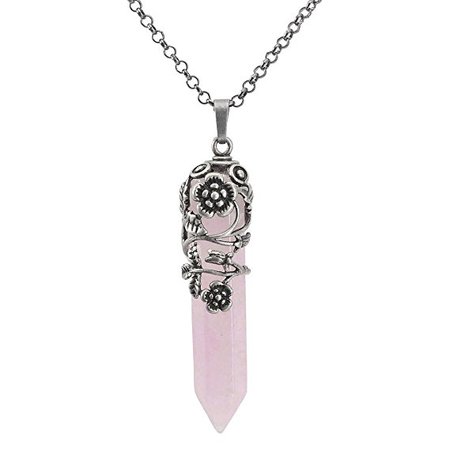 Top Plaza Antique Silver Flower Wrapped Natural Rose Quartz Healing Crystal Necklace: Arts, Crafts & Sewing