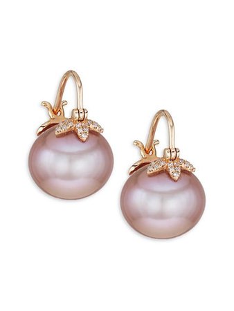 Samira 13 18K Rose Gold, Diamond & 12MM Pink Edison Pearl Triple-Leaf Drop Earrings | SaksFifthAvenue