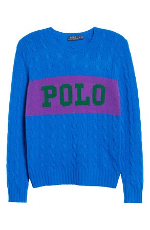 Polo Ralph Lauren Cable Logo Colorblock Wool & Cashmere Sweater blue
