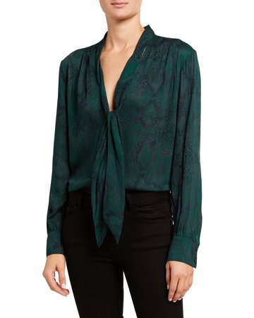 7 for all mankind Snake-Print Long-Sleeve Blouse w/ Neck Tie | Neiman Marcus