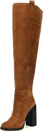 Amazon.com | VETASTE Womens Heeled Knee High Boots Winter Suede Leather Chunky Block Heel Stretch Boots Wide Calf | Shoes