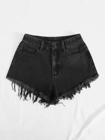 Raw Hem Embroidery Denim Shorts | SHEIN USA black