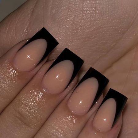 Amazon.com: Black French Tip Press on Nails Medium Coffin,KQueenest Soft Gel Natural Nude Fake Nails Acrylic Customize Nails|UV Finish Medium Square  Neutral Reusable Glue on Nails : Beauty & Personal Care