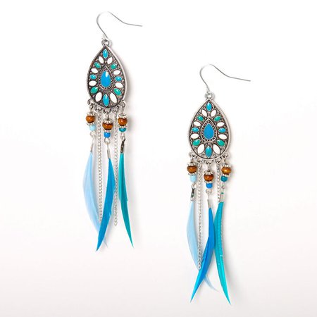 Silver 4" Boho Feather Drop Earrings - Blue | Claire's US