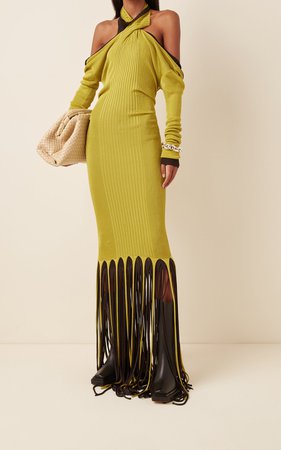 Fringe-Trimmed Ribbed-Knit Maxi Halter Dress by Bottega Veneta | Moda Operandi